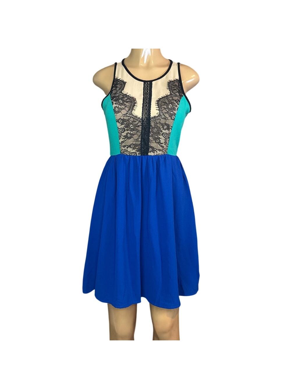 Gianni Bini Deedee Sleeveless Dress Blue Tan Black Lace SZ Small NWT